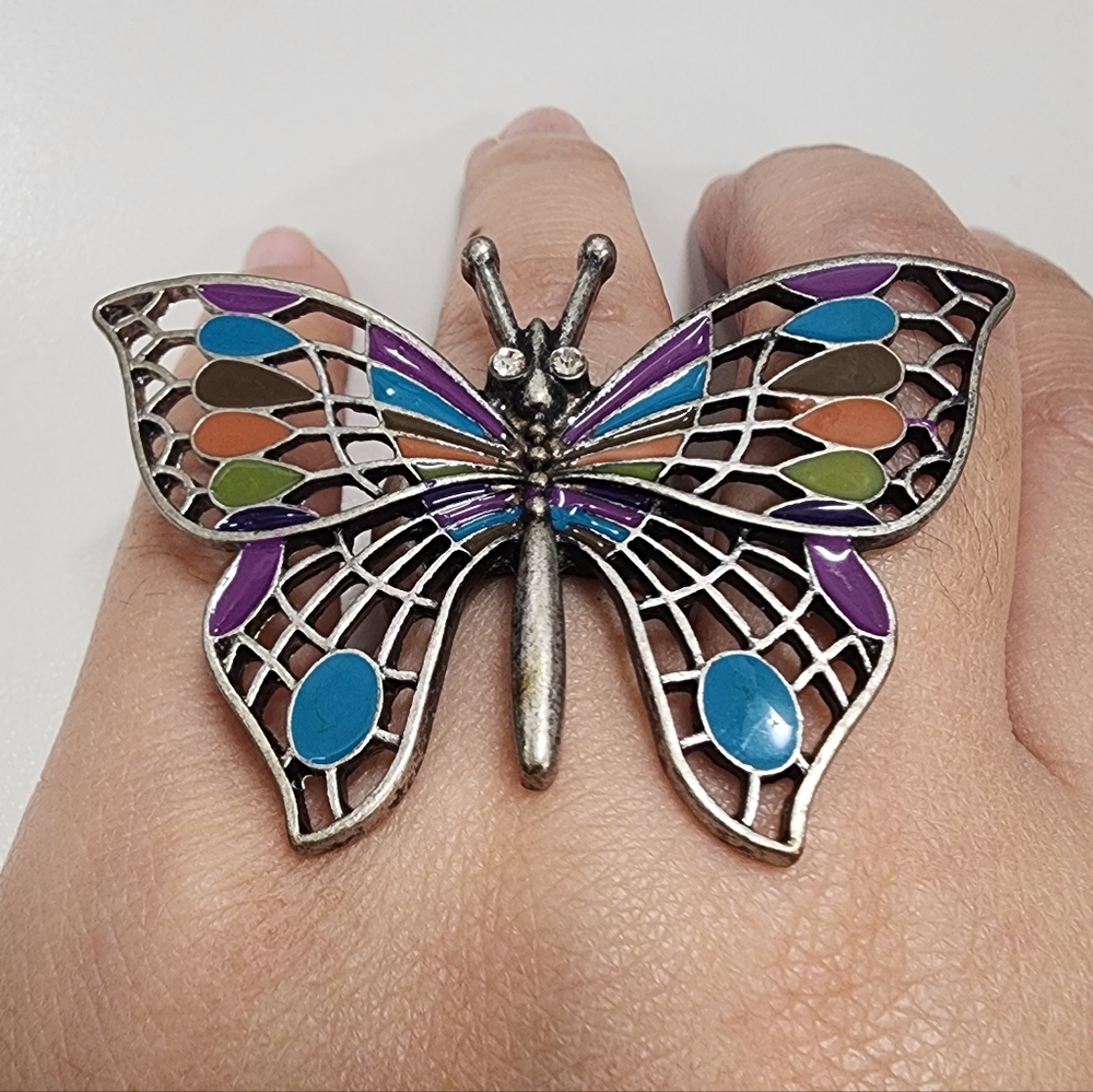 Art Nouveau Style Multi-Color Enamel & Silver Tone Filigree Butterfly Statement